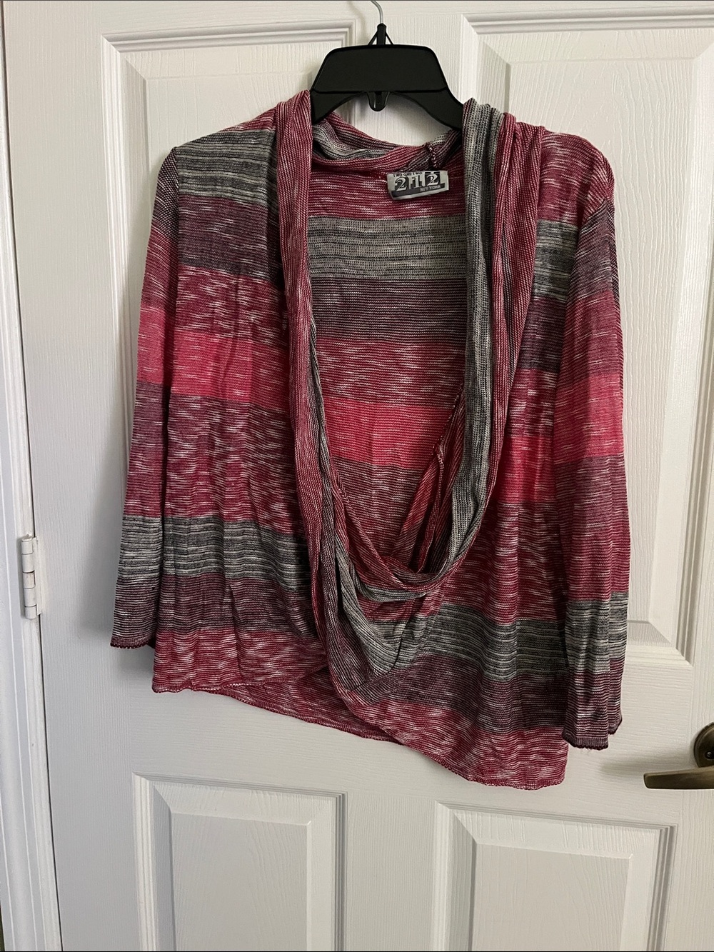 2B Bebe Pink and Gray Striped Cowl Neck Lightweight Sweater